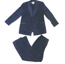 Navy Blue Double Breasted Tuxedo Suit Satin Trim Jacket And Pants Set Women's M 