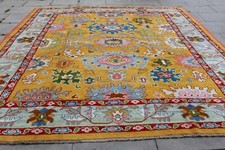 Vintage Traditional Hand Made Turkish Oushak Oriental Wool Yellow Carpet 387x310