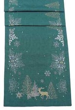 Neve Woodland Stag Green/Silver Emrboidered Christmas Table Runner - 14" x 75"