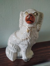 STAFFORDSHIRE SPANIEL/WALLY DOG in WHITE with GOLD DECORATION 9.25" height (1)