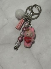 Labubu Checkmate Pink Standing Mini Figure Bag Charm Keychain W/Beads & Tassel
