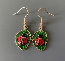 Red Ladybird Ladybug On A Leaf Enamelled Metal Dangle Earrings New In Pouch