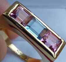 18Ct Gold Art Deco Aquamarine Tourmaline Trilogy Engagement Heavy 7g Ring Size N