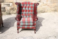 Real Leather & Check Fabric Armchair High Back GoodCondition Oxblood Red RRP£599