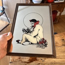 Vintage Original 1980's Reading Pierrot Sad Clown Wall Mirror Wooden Frame Retro