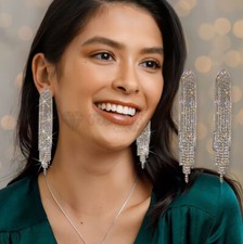 Drop Earrings Diamante Rhinestone Long Tassel Jewellery Sterling Silver Plated