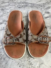 Coach Open Toe Sandal With Silver Buckle, Fabric Upper And Rubber Sole, Size 39
