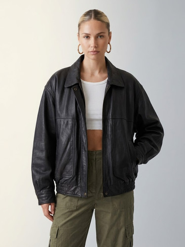 Women black leather bomber - leather,