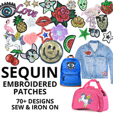 Sequin Embroidered Patches - Sew & Iron On Fabric Badge - Apparel Applique Set 1