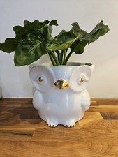  White & Gold Ceramic Owl Planters Plant Pot Portugal Kitsch 