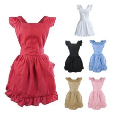 Women Ruffled Apron with Pocket Cotton Apron Pinafore Dress Ruffle Maid Apron