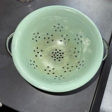 Vintage Enamel Twin Handle blue green Strainer Colander Farmhouse Kitchen Retro