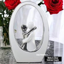 Embrace Couple Romance Figurine Sculpture Silver White Lovers Ornament Modern