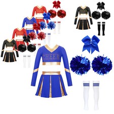 Girls Cheer Leader Dress with Pom Poms Socks Costume Party Cheerleading Outfits