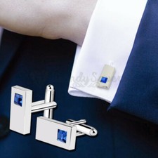 Mens Classic Blue Square CZ Crystal Stainless Steel Silver Cufflinks Cuff Links