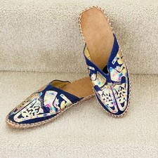 NEW Handmade Egyptian Leather Mules 7.5 Navy Gold Foil | Boho Artisan Slippers