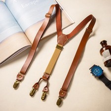 Vintage Y-shape 4 Clips Back Strap Pu Leather Adult Retro Suspender Work Trouser