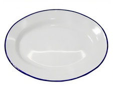 Falcon White Enamel Oval Dinner Serving Dish Plate Platter White Blue Rim 30cm