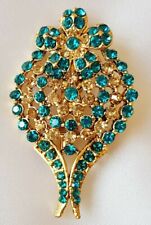Art Deco ~ Brooch ~ Gold Tone with Sparkling Clear & Turquoise Diamantes 