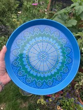Vintage Worcester Ware Blue Round Tin Tray Turquoise Mandala 60s Made In England