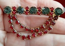Vintage Jewellery Red Black Glass Rhinestone Bar Swag BROOCH