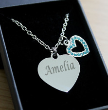 Engraved Necklace Pink Blue Clear Heart Charm Personalised Jewellery Gifts