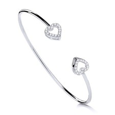 Solid 925 Sterling Silver Simulated Diamond HEART Ladies Torque Bangle