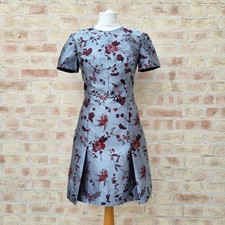 Erdem Aubrey Shift Dress Size UK 10 Silver Blue Metallic Jacquard Red Floral