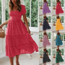 Women Floral Boho Midi Dress Ladies Summer Holiday Beach Swing Kaftan Sundress