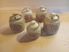 5 x Tremar Pottery Jars Honey, Jam, Apple Sauce, Marmalade, Mint Sauce  1970's