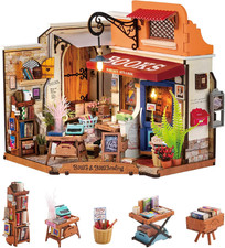 Doll House Corner Bookstore with LED Lights DIY Miniature House Kit Dollhouse Wo