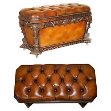 IMPORTANT RESTORED ANTIQUE 1830 LEATHER ROSEWOOD CHESTERFIELD OTTOMAN STOOL