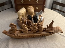 Vintage Hand Carved Wooden & Other Material  1970 Elephant With Tusks Wood