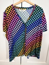 Sugarhill Boutique Brighton Rainbow Checkerboard V-Neck Shirt Blouse Size UK 20