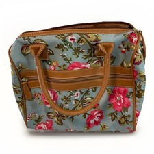 Nathalie Andersen Floral Handbag Tote –Vintage Style Oilcloth Look Tan Trim