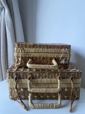 Vintage Small Wicker Suitcase Baskets Picnic Hamper Trunk Case - Home Storage