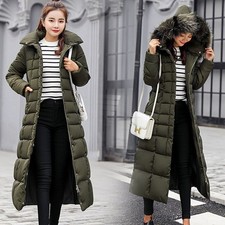 Women Winter Warm Padded Long Parka Lady Quilted Knee Coat Hooded Jacket Outwear