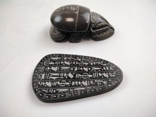 Scarab Beetle-Carved Stone-Two Piece Egyptian Ornament with Hieroglyphs