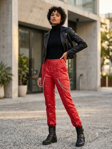 Women red leather - red, front
