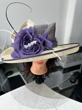 Jacques Vert Lavender Bloom Checked Crown Hat, Wide Brim & Silk Flower Detail