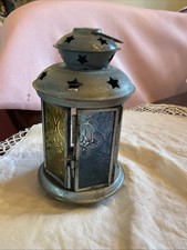 Vintage Tea light Candle Lantern multi coloured patterned glass panels 6”H 3.5”w