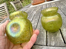 Pair Antique Art Nouveau Loetz Iridesent Glass Diana Ciselé Silberiris Vases