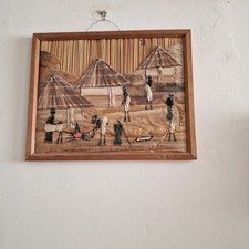 Rare Vintage Banana Leaf Reeds & Palm Picture  African Village Scene hand Made