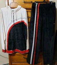 Mens Lacoste Velour Track Suit Black Red Set Jacket Pants Logo 2 Piece Set