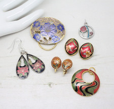 Vintage Cloisonne Enamel Floral Drop EARRINGS PENDANT Sea Gems Jewellery Job Lot