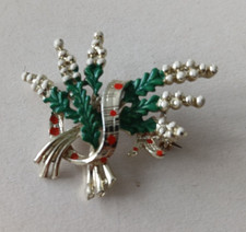 Exquisite Scottish Lucky Heather Brooch, Green & White Enamel