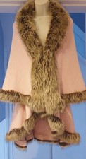 Pink Knit Faux Fur Trim Double Layered Poncho Capelet Jacket 12 14 16 18