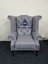 Chesterfield Queen Anne Wing Back Chair in Grey Bonded Leather
