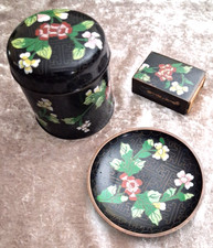 VTG Chinese Cloisonne Tobacco Box, Ashtray and Matchbox Set Enameled Brass