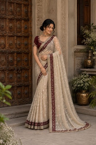 Indian embroidered saree beige - indian,